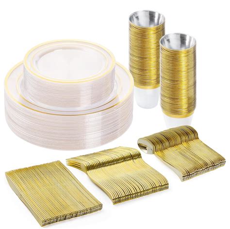 Bestvip Pcs Plastic Dinnerware Set Clear Gold Disposable Plates