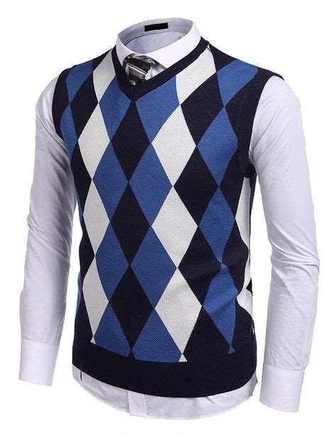 Mens Sweater Vest Slim Fit Casual V Neck Argyle Cotton Knit Vest Waistcoat Navy Blue