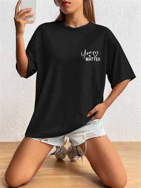 Shein Essnce Heart And Slogan Graphic Drop Shoulder Tee For Sale