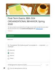 Final Term Exams BBA 504 ORGANIZATIONAL BEHAVIOR Spring 2020 Pdf