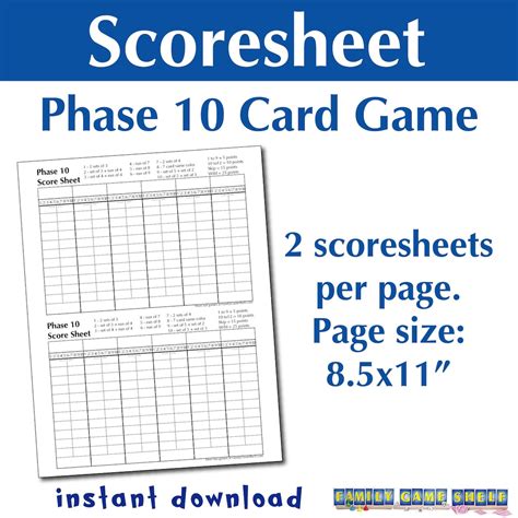 Printable Phase 10 Card Game Score Sheet Phase Ten Scoresheet Phase