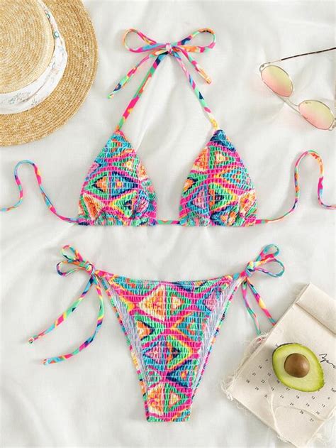 SHEIN Swim BohoFeel Geo Print Smocked Triangle Bikini Swimsuit SHEIN USA