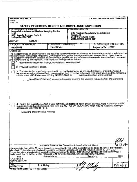 Fillable Online Nrc Form 591m Part 1 Inspection Report 03022005