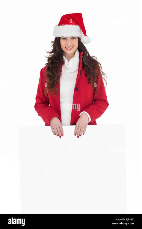 Cheerful Brunette Showing White Poster Stock Photo Alamy