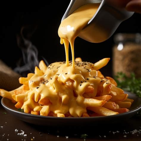 Premium AI Image | Pouring cheese sauce on french fries closeup