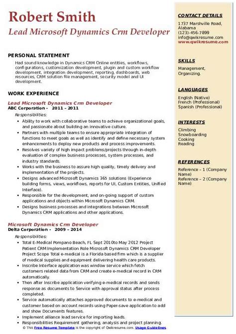 Microsoft Dynamics Crm Developer Resume Samples Qwikresume