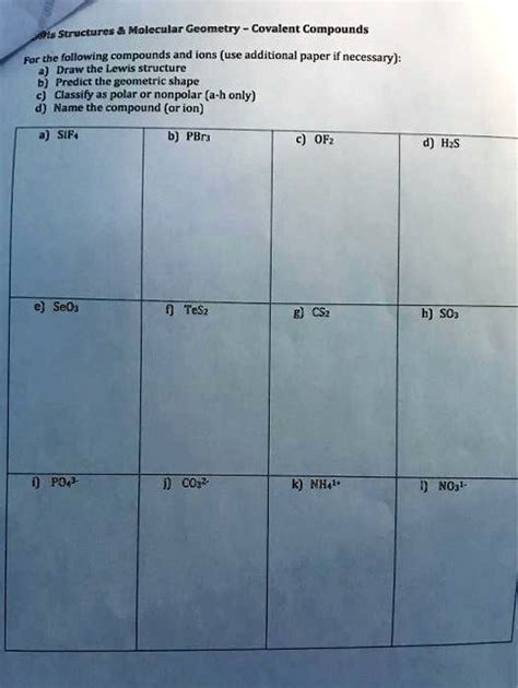 SOLVED: Structures Molecular Geometry of Covalent Compounds For the ...