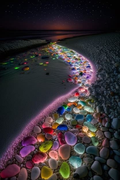 Uma Praia Noite Seixos Coloridos E Um Arco Ris De Luzes Foto