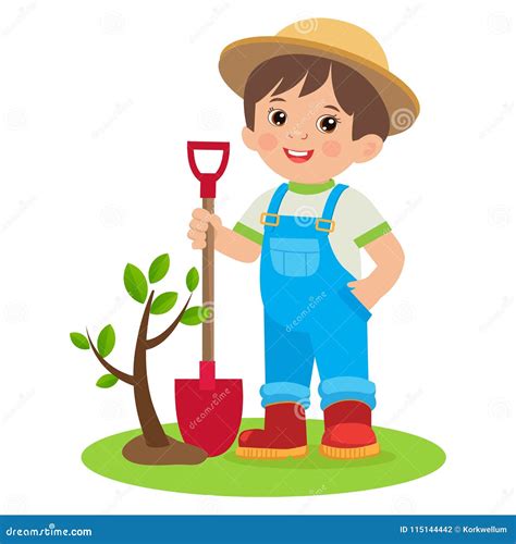 Spring Gardening. Growing Young Gardener. Cute Cartoon Boy with Shovel ...