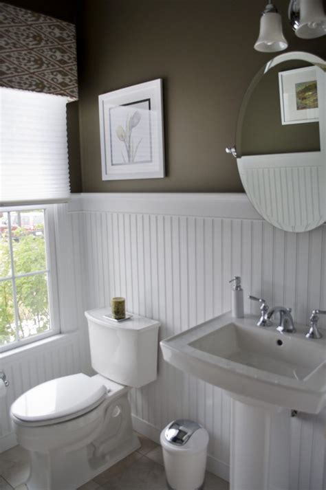 bathroom:High Contrast Powder Room Dark Walls White Beadboard Wainscot ...