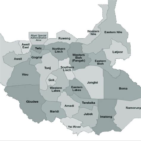 Map of the 28 states of South Sudan Source: Wikipedia, States of South ...