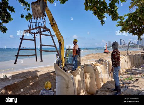 Beach Reclamation Project And Construction Workers Pattaya Thailand