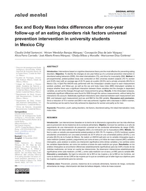 PDF Sex And Body Mass Index Differences After One Year Follow Up Of An Eating Disorders Risk
