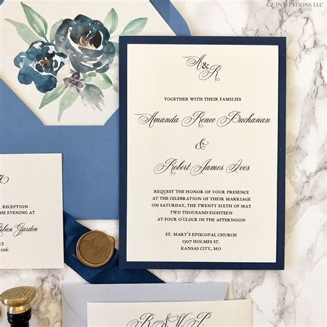 Navy and New Blue Floral Wedding Invitation — CZ INVITATIONS