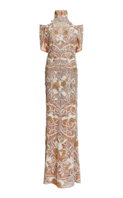 Elie Saab Embroidered Cutout Sleeve Sheath Maxi Dress White