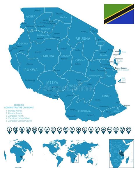 Tanzania Detailed Map And Flag Tanzania On World Map Stock Vector