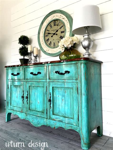 Teal Aqua Chippy Farmhouse Buffet By Uturn Design Refinishing