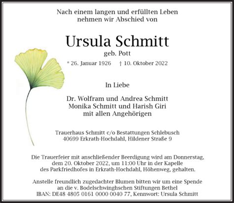 Alle Traueranzeigen für Ursula Schmitt trauer rp online de