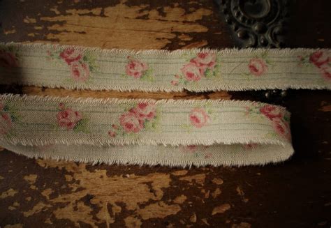 Tattered Fabric Ribbon Shabby Pink Rosebud Jadite Ticking Etsy