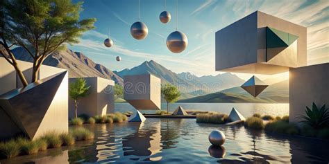 A Surreal Landscape Where Floating Geometric Shapes Cast Realistic