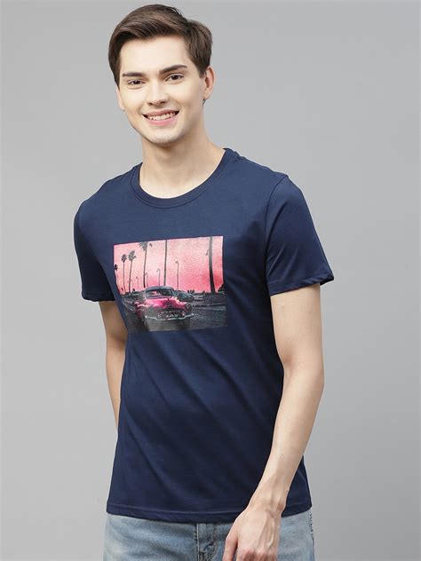 Buy Mast Harbour Men Navy Blue Pink Printed Pure Cotton T Shirt