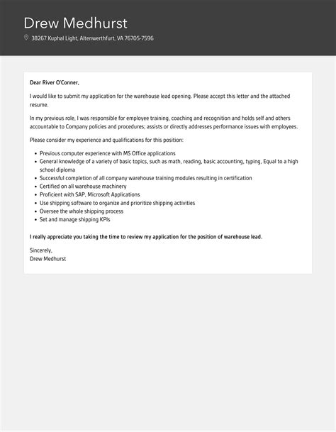 Warehouse Lead Cover Letter Velvet Jobs