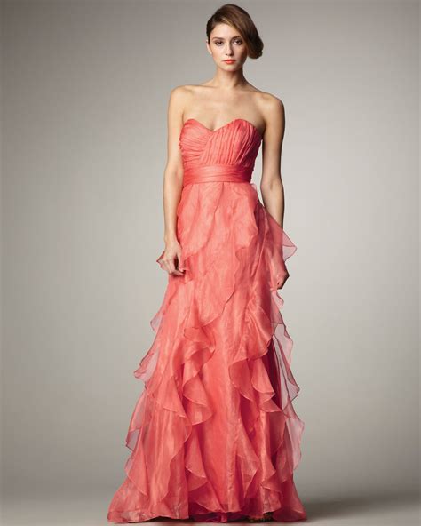 Lyst Badgley Mischka Strapless Ruffled Gown In Pink