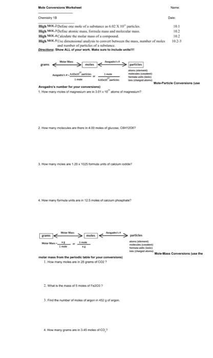 Mole Conversion Worksheet 102 Chemistry 1b High Moli Worksheets Library