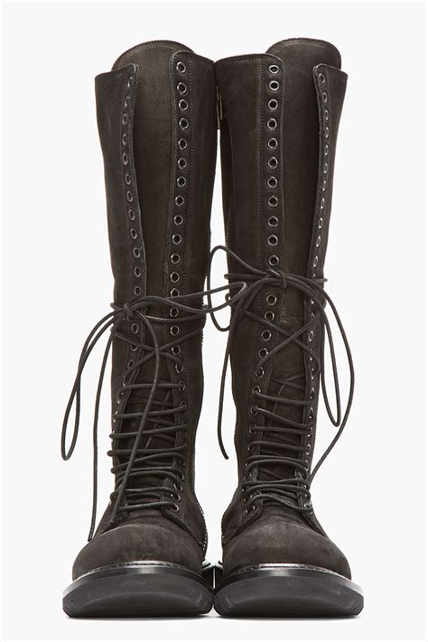 Rick Owens Black Nubuck And Leather Knee High Lace Up Combat Boots In