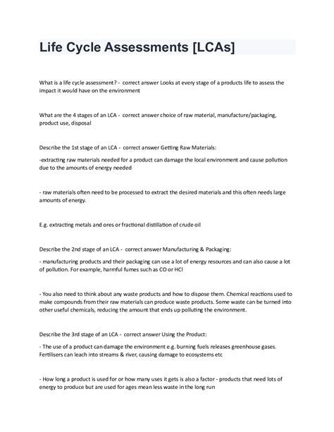 Life Cycle Assessments Lcas Questions And Answers Latest Update 2024 Docmerit