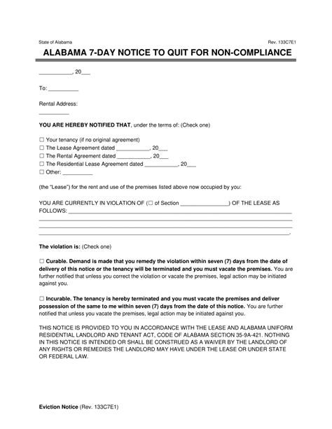 Free Alabama 7 Day Notice To Quit Non Compliance Pdf And Word