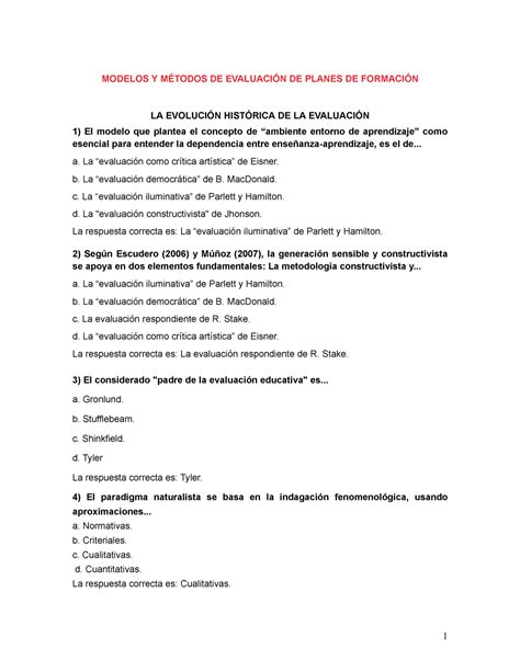 Cuestionarios Modelos Y M Todos De Evaluaci N De Planes De Formaci N