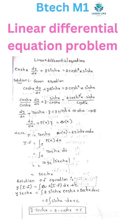 Solve Linear Differential Equation Coshx Dy Dx Y Sinhx 2cosh 2xsinhx Maths Youtube