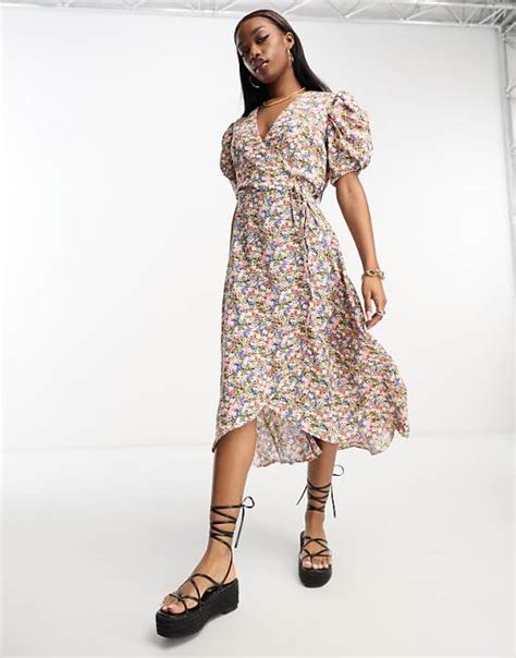 Ax Paris Puff Sleeve Midi Dress In Pink Floral Asos