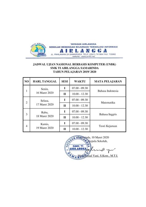 Smk Ti Airlangga Samarinda Jadwal Unbk Tahun Pelajaran