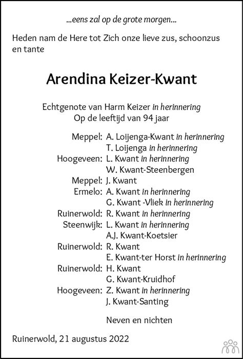 Arendina Keizer Kwant 21 08 2022 Overlijdensbericht En Condoleances