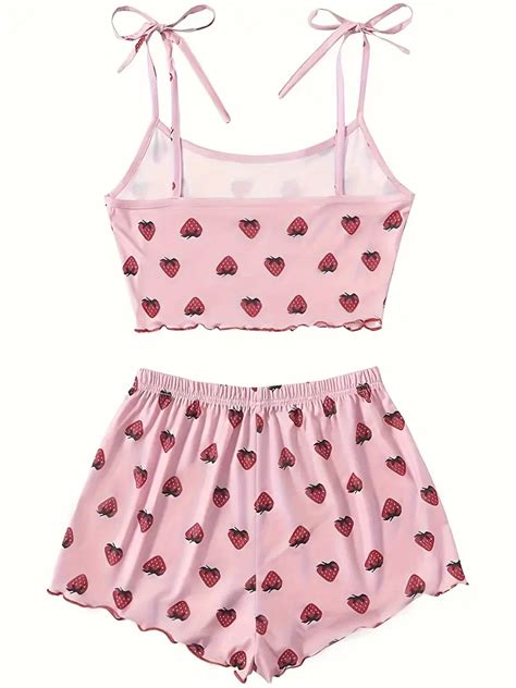 Strawberry Print Pajama Set Lace Cami Top Lettuce Trim Temu Australia