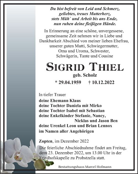 Traueranzeigen Von Sigrid Thiel Trauer In Thueringen De