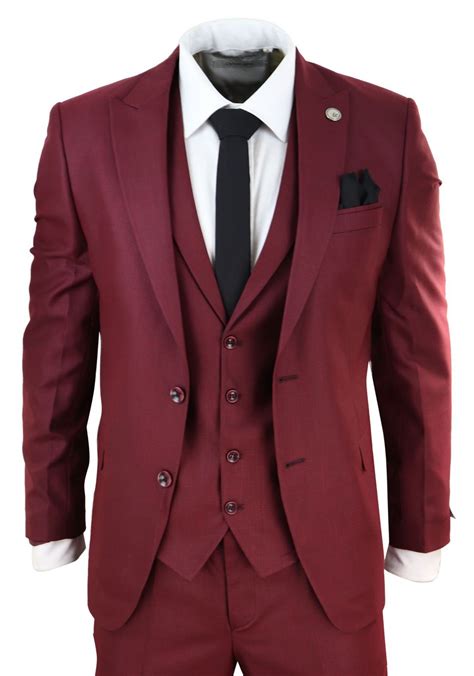 Mens 3 Piece Suit Maroon Tailored Fit Smart Formal 1920s Etsy Uk