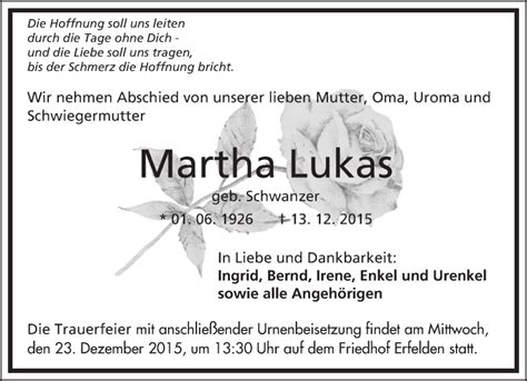 Traueranzeigen Von Martha Lukas Vrm Trauer De