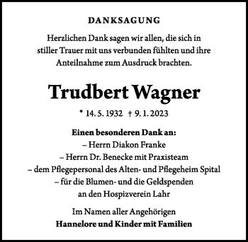 Traueranzeigen von Trudbert Wagner Schwarzwälder Bote Trauer