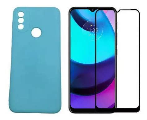 Funda aterciopelada azul claro película de vidrio 9d Moto E20