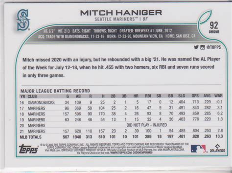 Topps Chrome Sonic Mitch Haniger Base Card Seattle Mariners Ebay