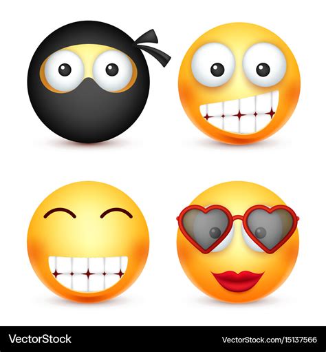 Smiley Set Ninja Happy Emoticon Gelb Face Vektorbild