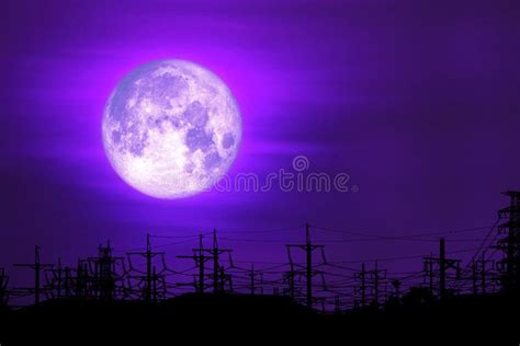 Luna Llena Morada Púrpura En Un Poste Eléctrico De Silueta En El Cielo