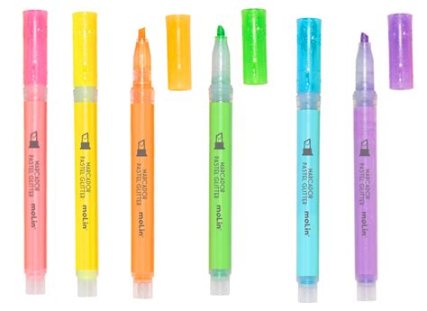 Marcador Marca Texto Pastel Glitter Fluorescente 6 Uni Molin