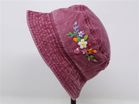 Washed Cotton Bucket Hat Hand Embroidered Flower Cap Short Etsy