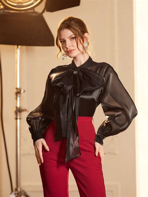 Shein Modely Big Bow Front Lantern Sleeve Blouse Blouses For Women