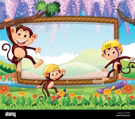 Border design with three monkeys in the park illustration Stock Vector ...