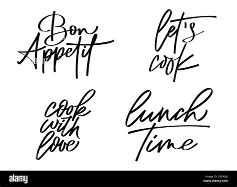 Set Of Script Food Text Quote Bon Appetit Lettering In Hand Drawn